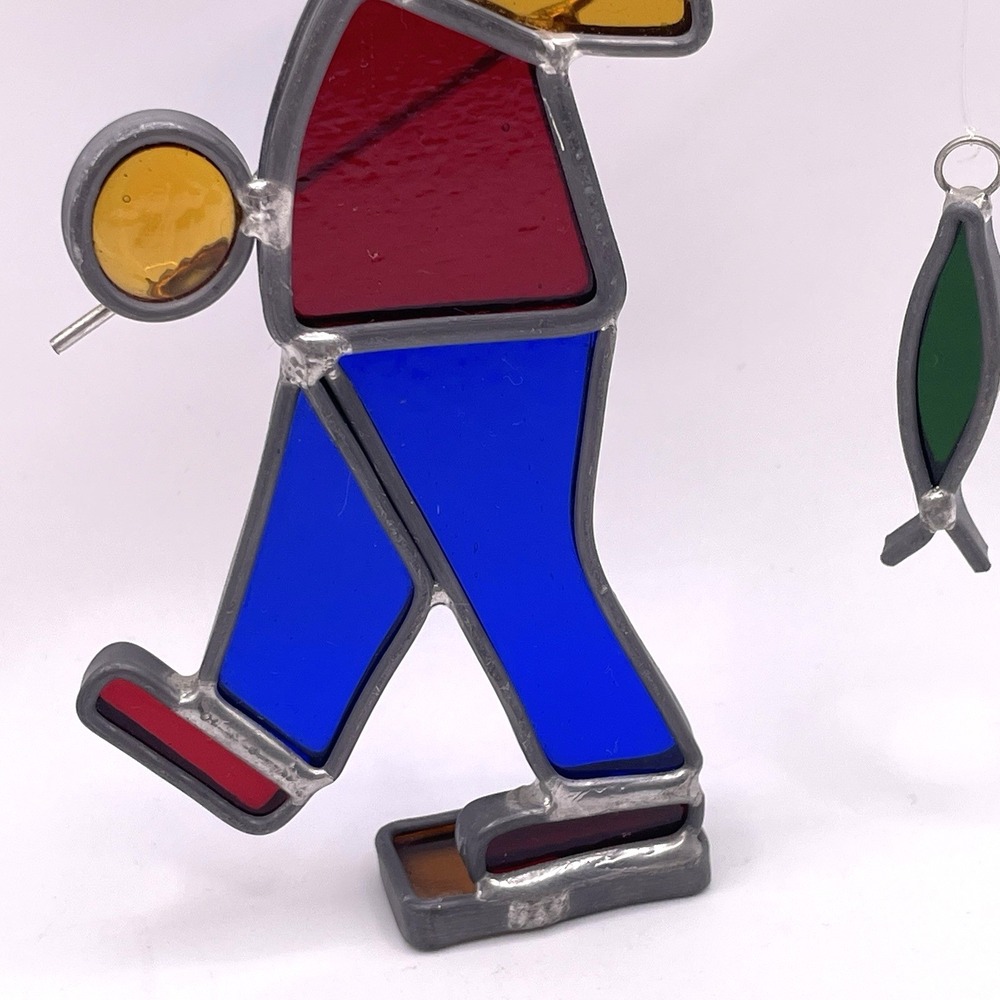 Vintage Stained Glass‎ Suncatcher Fisherman Boy with Fishing Pole Cabin Decor 5" - Picture 7 of 8